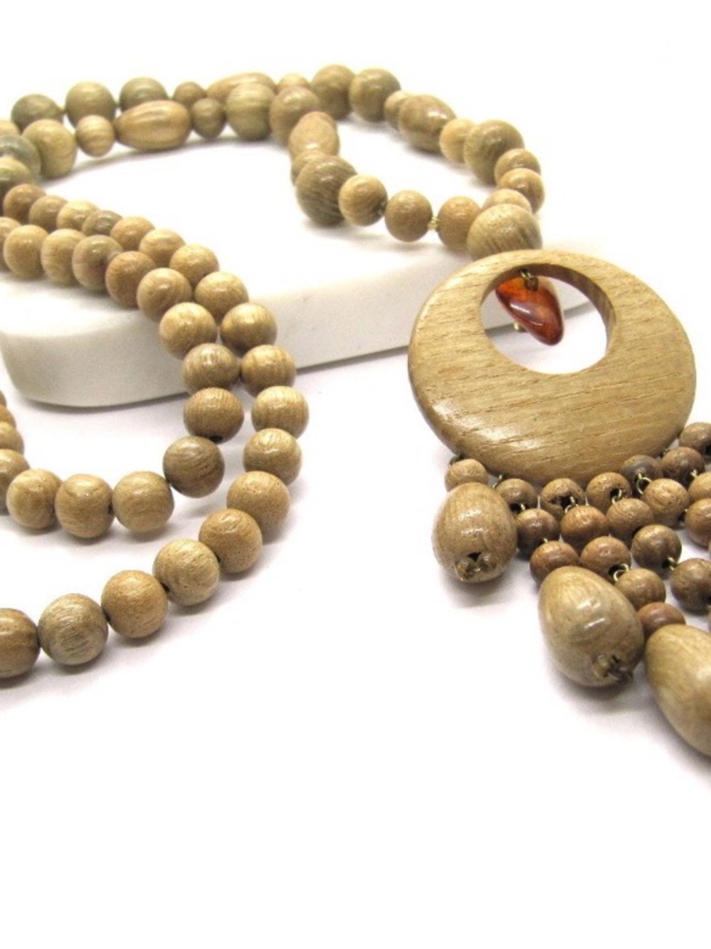 Handmade Natural Juniper Wood Bead Statement Necklace with amber